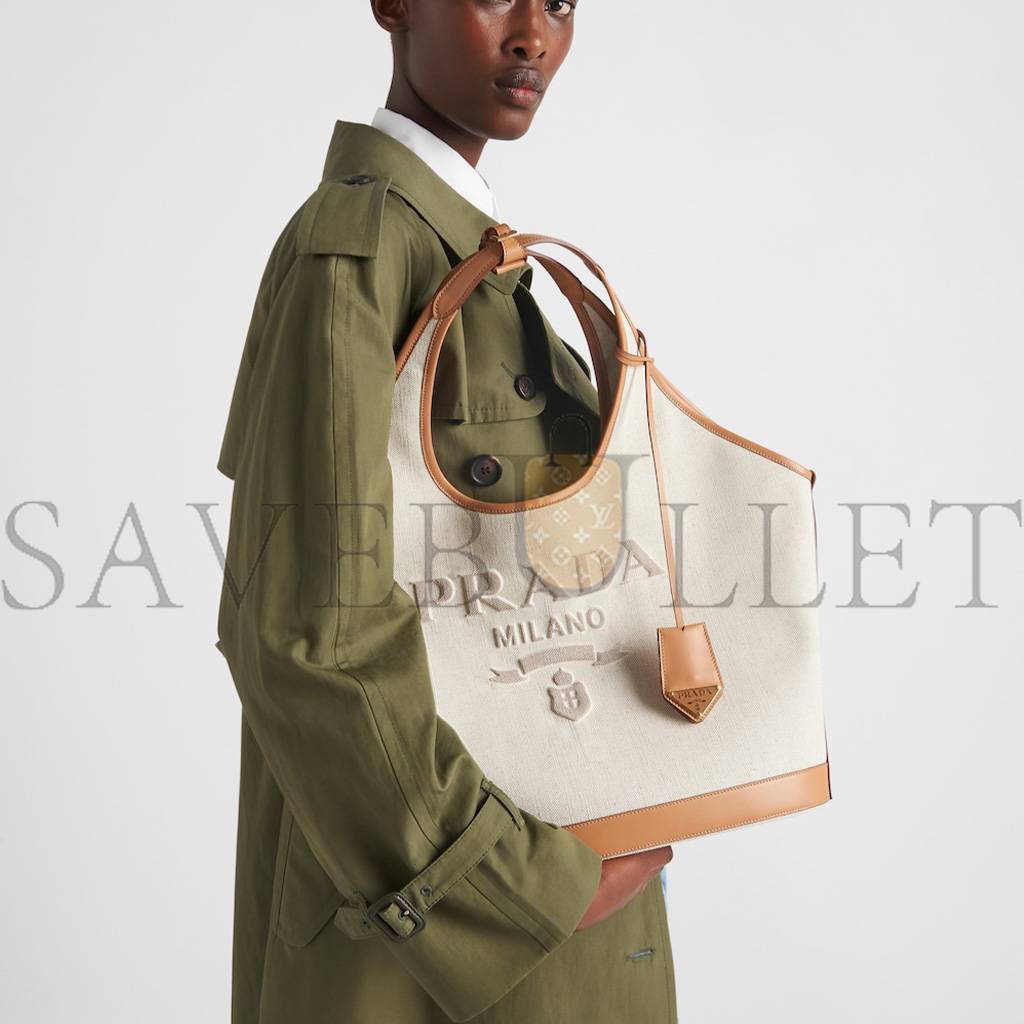 Pra*a large linen blend and leather tote bag 1bg472 (37*30*13cm)